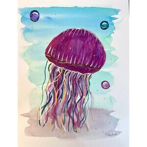 Hand painted watercolor original painting jellyfish bubbles